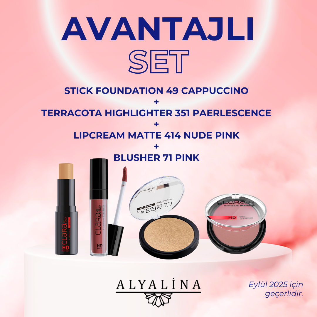 Alyalina Stick Foundation 49 Cappuccino Terracota Highlighter 351 Paerlescence Blusher 71 Pink Lipcream Matte 414 Nude Pink