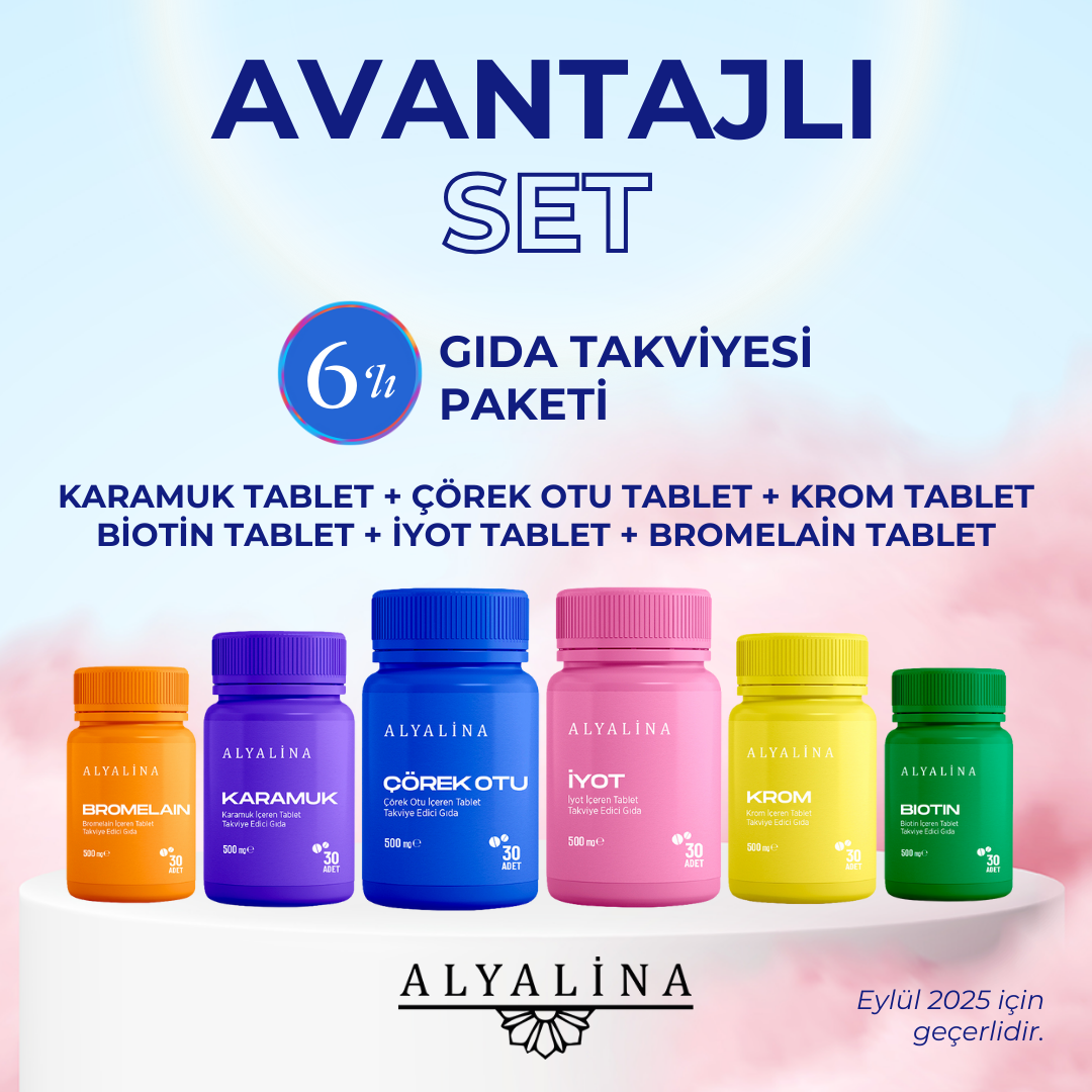 Alyalina Karamuk Tablet İyot Tablet Biotin Tablet Bromelain Tablet Krom Tablet Çörek Otu Tablet Set