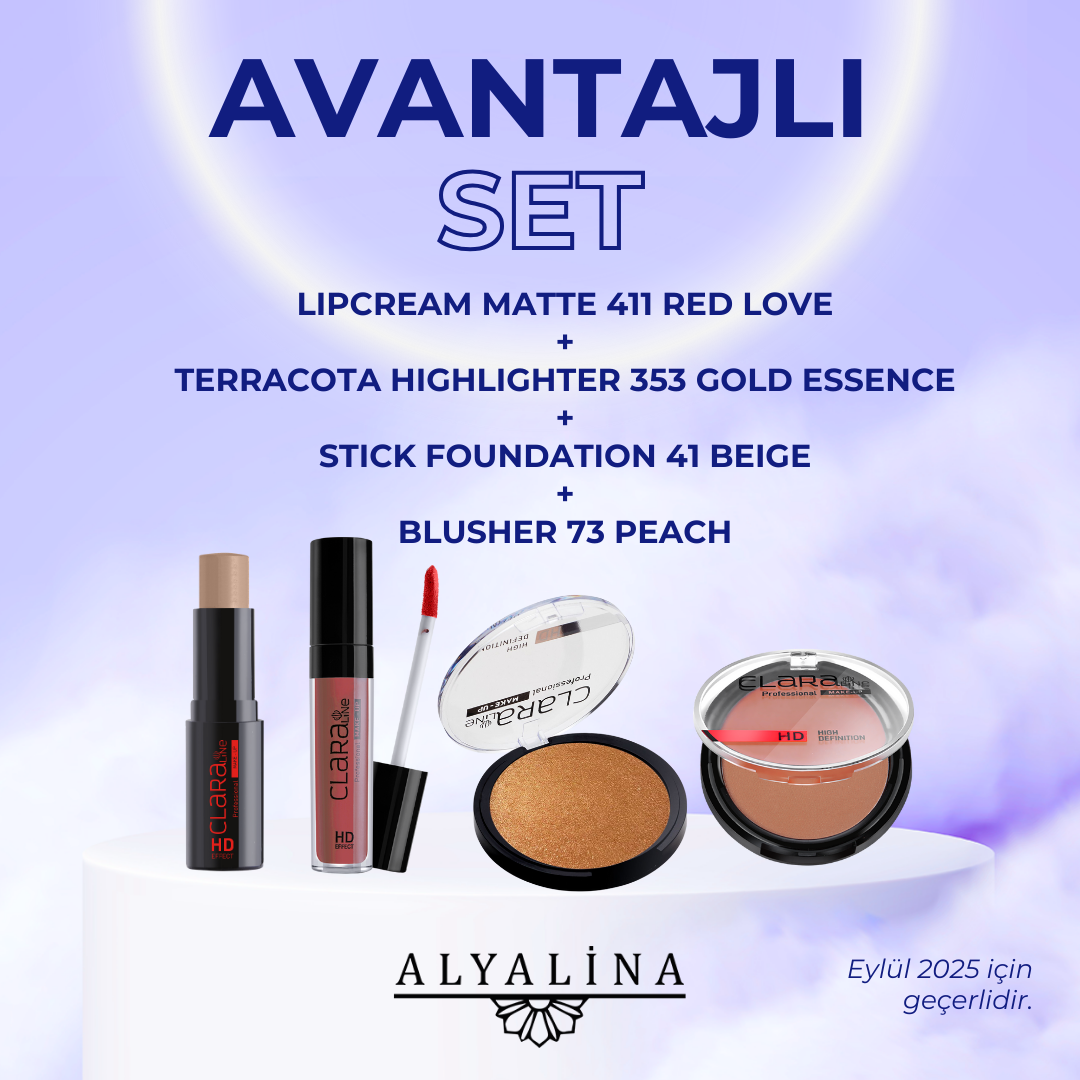 Alyalina Stick Foundation 41 Beige Terracota Highlighter 353 Gold Essence Blusher 73 Peach Lipcream Matte 411 Red Love