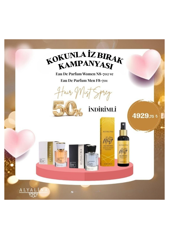 Alyalina Nisan Kampanyası  Eau De Parfum Women N8-702 Ve  Eau De Parfum Men F8-701 Alana   Hair Mist Sprey %50 İndirimli