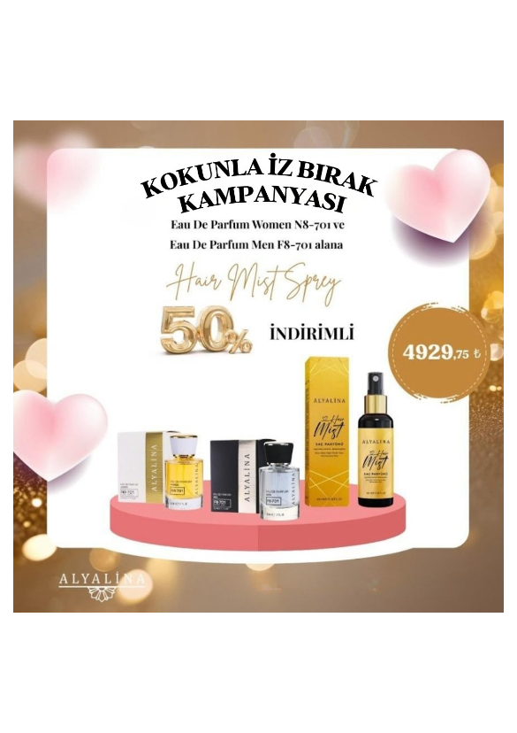 Alyalina Nisan Kampanyası Eau De Parfum Women  N8-701 Ve    Eau De Parfum Men F8-701 Alana   Hair Mist Sprey %50 İndirimli